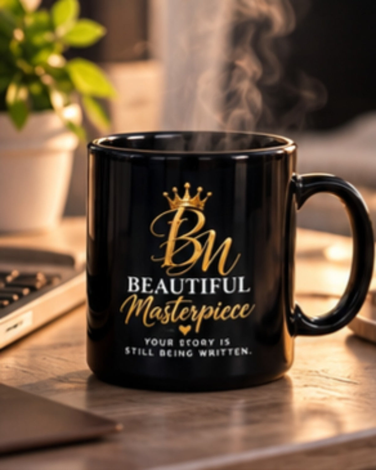 Beautiful Masterpiece black mug in a warm lifestyle setting